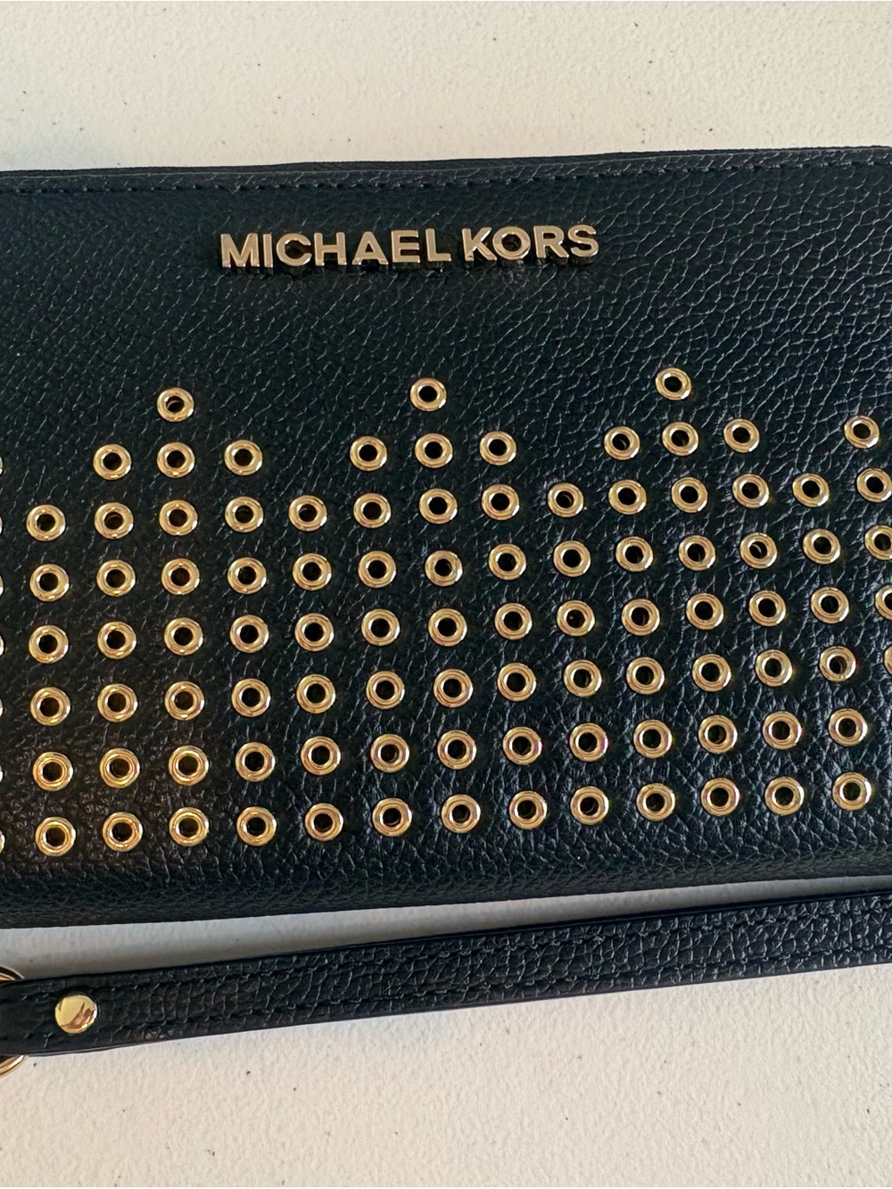 Michael Kors Black Leather Wristlet with Gold Eyelet Hardware